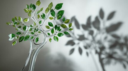 Glass tree sculpture with green leaves