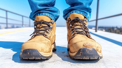 Mud-stained black boots grounding in afternoon sunlight on a concrete floor
