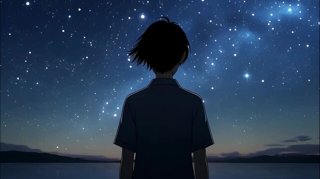 Anime boy standing by a lake looking at a starry night sky, Dreamy serene mood, Anime merchandise background art and storytelling