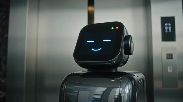 Friendly service robot with a smiling face in a modern building elevator