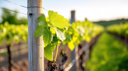 Rows of lush green vines thrive under the warm sunlight of spring