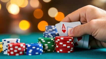 Man in bow tie enjoys high-stakes poker night under shimmering lights