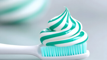 Toothbrush with swirly green and white toothpaste closeup