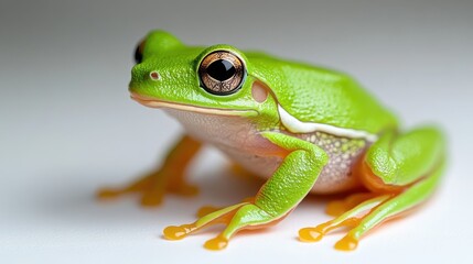 Obraz premium Green tree frog perched gracefully, showcasing vibrant colors on white