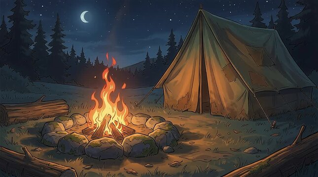 cartoon Campsite at night with a roaring campfire and tent, Cozy warm light illustration, Nature exploration promotions children's books travel blogs