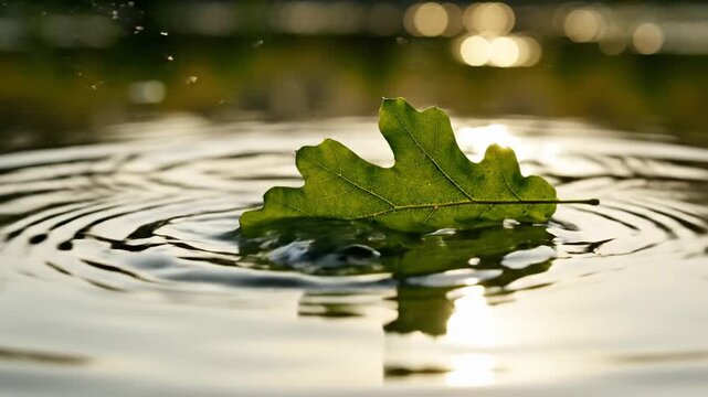 Green oak leaf floating on water with gentle ripples and soft bokeh reflections, capturing nature's serene beauty.