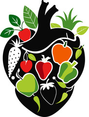 Human heart made of fruits and vegetables love through healthy food silhouette vector black , white background