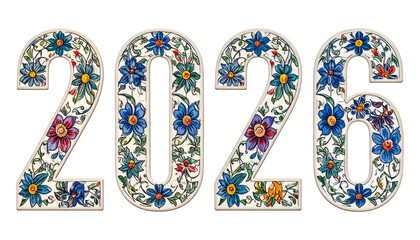 Ornate numerical design of "2026" filled with colorful floral details