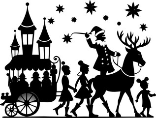 Christmas parade with Santa, elves, and reindeer silhouette vector black , white background