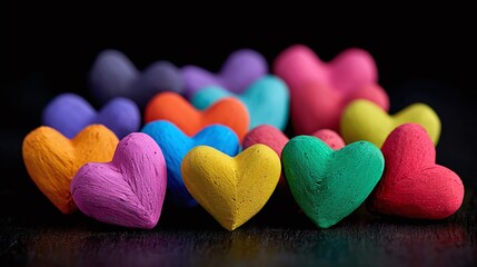Obraz premium A collection of heart-shaped objects. They are arranged in a group and come in a range of vibrant colors, including red, orange, yellow, green, blue, and purple.