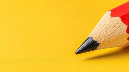 Close-up of a vibrant red carpenter pencil resting on bold yellow background