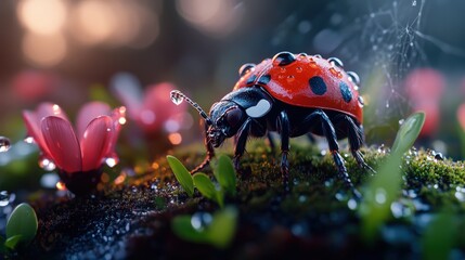This vivid close-up captures a ladybug adorned with raindrops, perched on vibrant moss and delicate pink flowers, emphasizing the enchantment of nature and its breathtaking details.