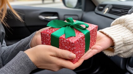 A smiling couple sits in a cozy car, excitedly exchanging colorful gift boxes while celebrating the joyful holiday season
