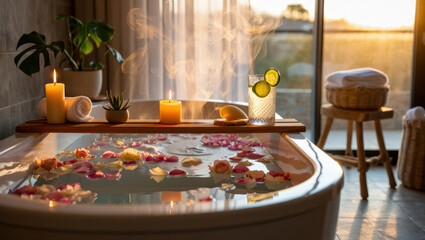 Relaxing spa bath with rose petals, candles, steam, and refreshing drink, creating tranquil and soothing atmosphere in sunlit bathroom with natural decor