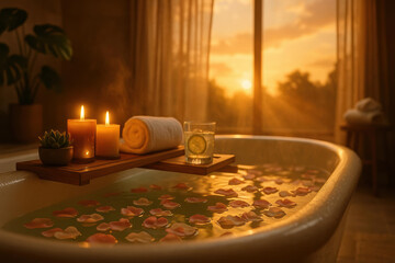 Relaxing bath candlelight flower petal warm sunlight cozy atmosphere spa tranquility wellness home interior peaceful mood. bathtub filled with water and floating petals surrounded by candles