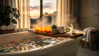 Luxurious bathroom with steaming bathtub rose petals glowing candles rolled towels green plant and refreshing drink on wooden tray cozy sunset ambiance relaxation mood