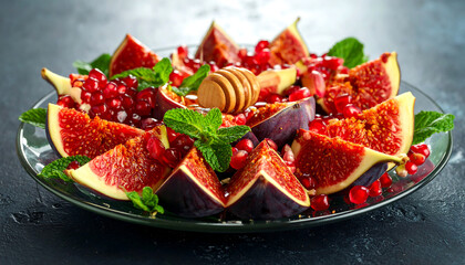 fresh fig pomegranate dessert elegantly arranged with honey and mint on a dark plate suitable for healthy eating blogs and gourmet recipe content.