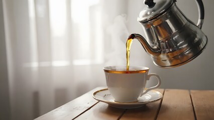 Hot coffee cup with steam near window light