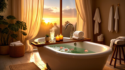 Luxurious bathroom with freestanding bathtub, candles, rolled towels, and plants, warm sunlight streaming through large window, creating relaxing and tranquil atmosphere