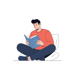 Man reading book while sitting cross-legged on cushion, focused, calm, home leisure