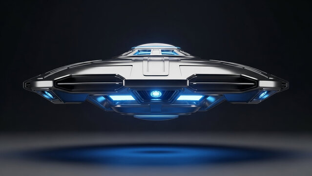 Futuristic flying saucer with bright blue lights in a sci-fi inspired dark studio setting, alien spacecraft concept