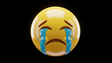 A crying yellow emoji with tears of sadness on a black background