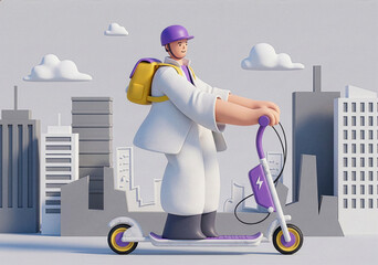 Eco-friendly urban commuter riding an e-scooter in a minimalist city environment 3D render.