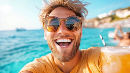 Enjoying a refreshing cocktail while capturing summer memories in Greece