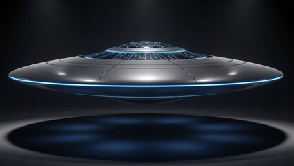Unidentified Flying Object hovering in a futuristic setting with glowing blue lights, science fiction concept