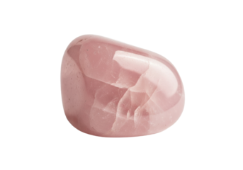 perfectly tumbled blush-pink rose quartz crystal stone, macro still life with high reflectivity and internal translucency, isolated on a transparent background. Concept of geological purity