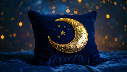 golden crescent moon and stars on a deep blue velvet pillow with warm bokeh lights creating a magical festive eid al fitr ambiance