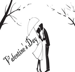 Silhouette of couple kissing under umbrella with Valentines Day text and bare branches