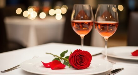 Romantic dinner setting with two glasses of rose wine, a red rose and petals on a white plate, ready for a special occasion