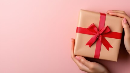 Hands unveil a surprise gift with a red bow on a pink background