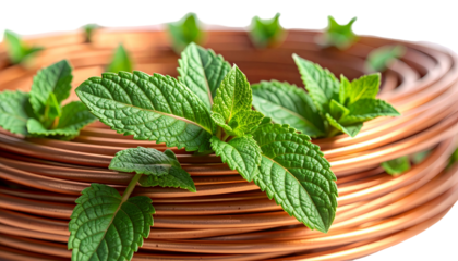 Fresh green mint sprigs rest on a coil of shiny copper