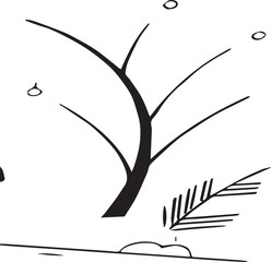 Stylized black and white illustration of a bare tree branch with leaves and ground elements