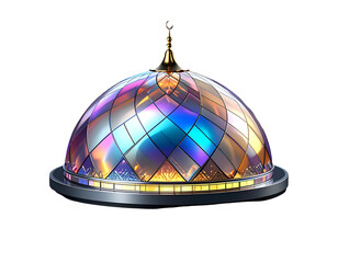A colorful, glass-paneled dome with gold finial atop a metallic base