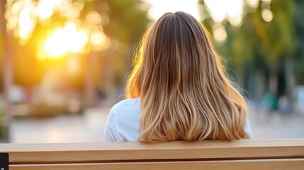 Female nurse contemplates life on a bench during a sunset hour