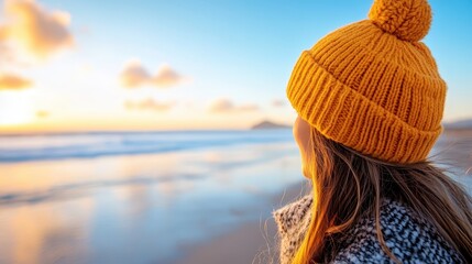 Carefree young woman enjoys beach walk at sunset with vibrant knit hat