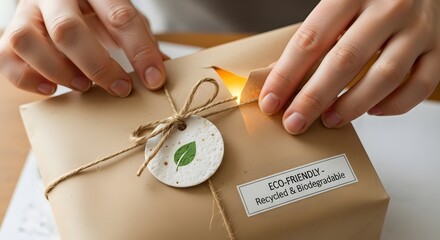 Hands carefully wrapping gift in brown eco-friendly recycled paper, tying with twine, and affixing biodegradable label with leaf icon