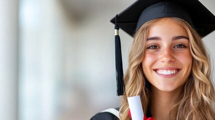 Joyful graduate celebrating achievement with diploma on bright background
