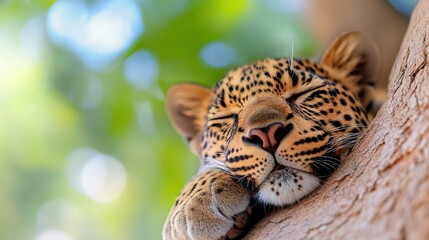 Leopard napping in the arms of nature high in a tree in Sri Lanka