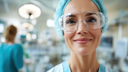 Nurse in protective eyewear engaged in care at a bustling clinic