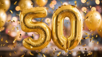 Festive 50th celebration with shimmering golden balloons and a flurry of confetti! A milestone moment filled with joy, laughter, and unforgettable memories. Cheers to the next chapter!