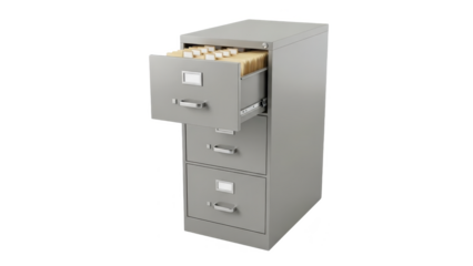 Gray metal filing cabinet with open drawer isolated on transparent background
