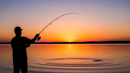 Man fishing at sunset lake silhouette.