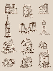 A set of hand-drawn houses and towers in terracotta tones. Vector illustration for decorating vintage maps and views.