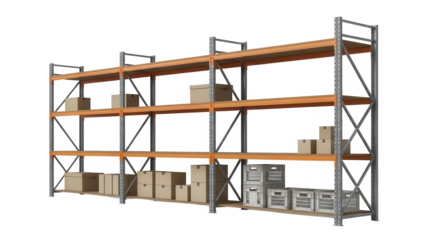 Industrial shelving unit with boxes and crates on wooden shelves isolated on transparent background