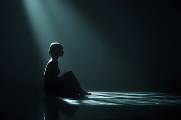 A woman silhouette sitting on the floor on a dark room, feeling sad