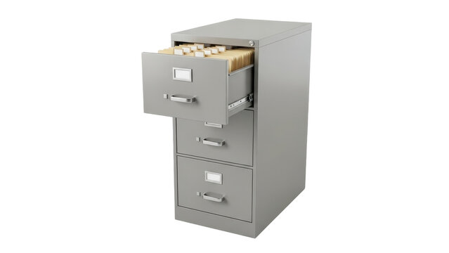 Gray metal filing cabinet with open drawer isolated on transparent background
